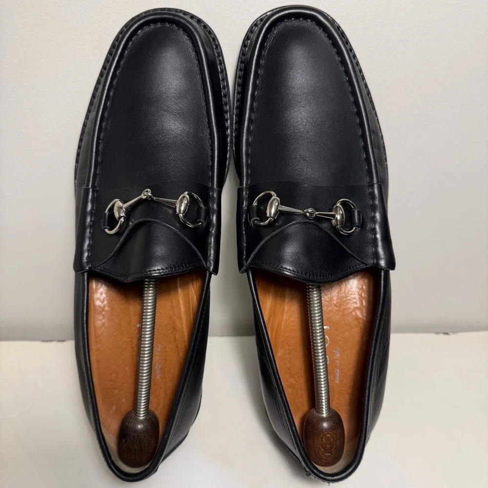 Gucci Horse Bit Lug Sole Black Leather Loafer Men’s Size 12.5 Brass Brown Logo - Picture 5 of 13